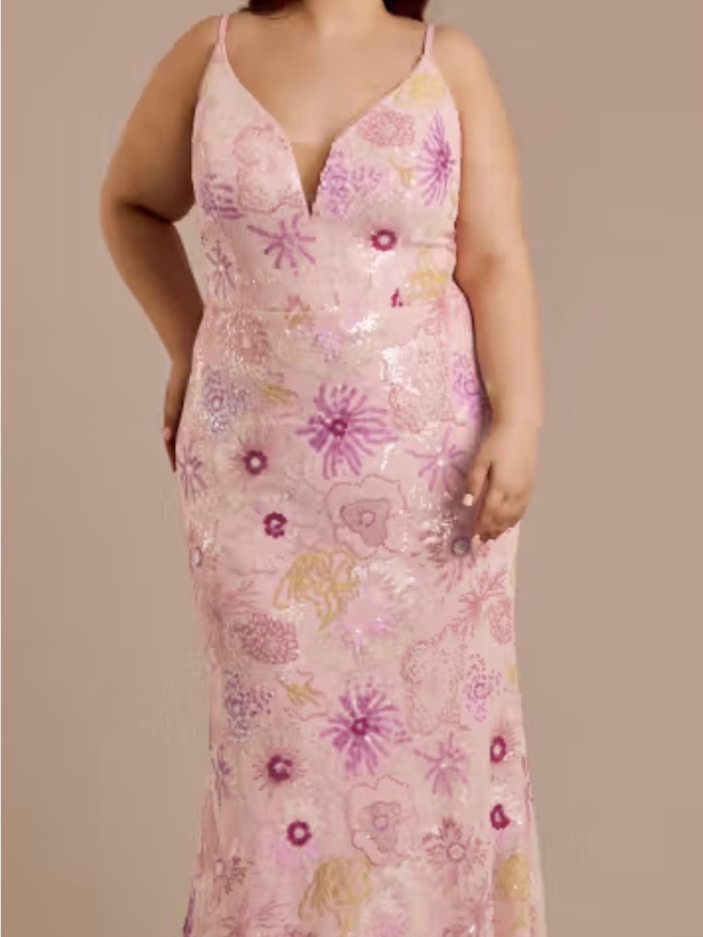 Plus-Size Strapless Pink Floral Sequin Evening Gown